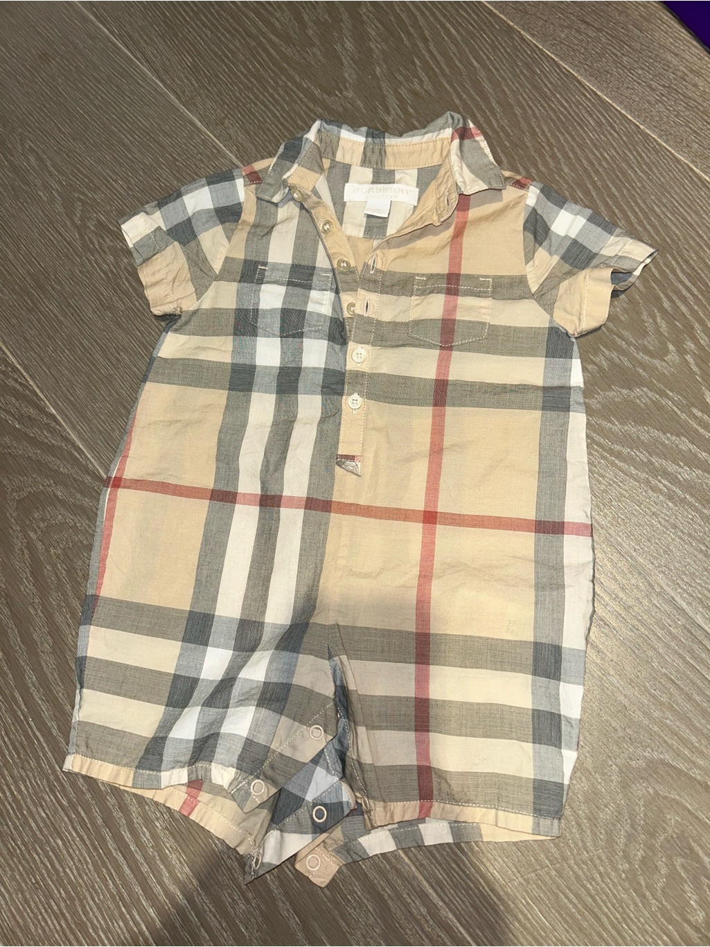 Burberry Checked Baby Shirt Romper In Beige, Gray & Red Accent